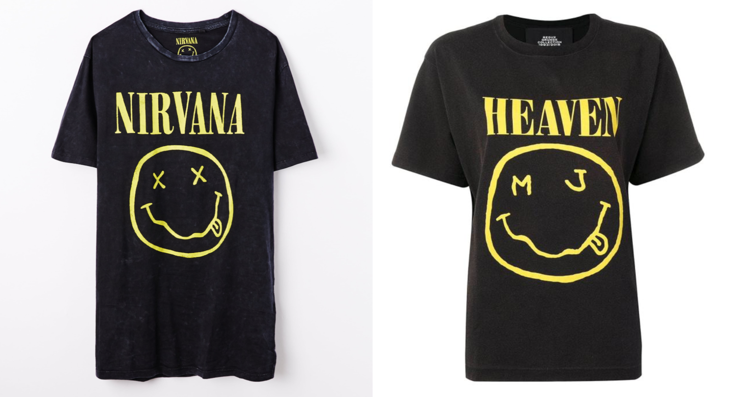  A Nirvana “Smiley Face” tee (left) & a tee from Marc Jacobs’ Grunge collection (right) 