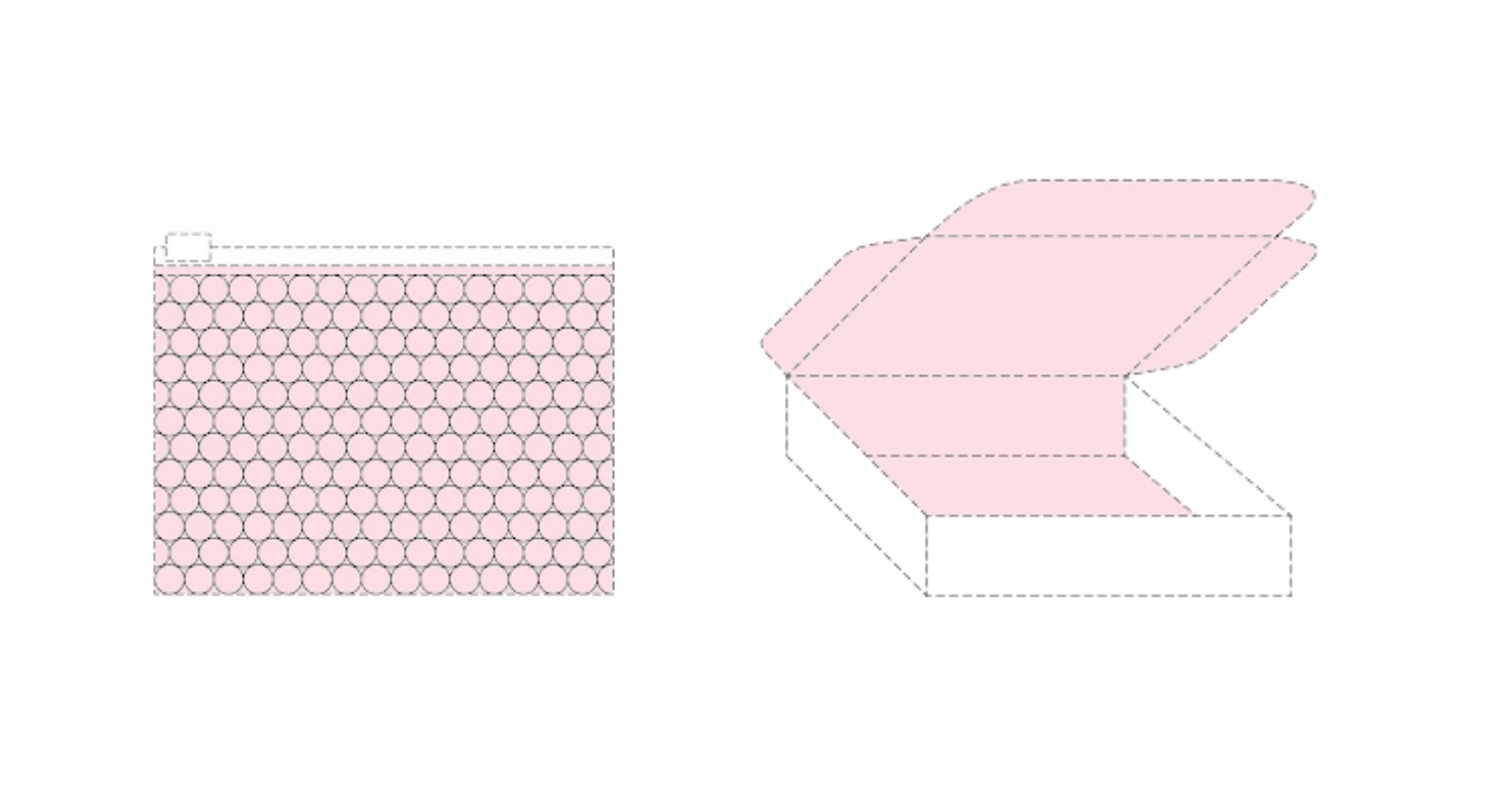  Glossier’s bubble wrap pouch (left) & its pink interior box (right) 