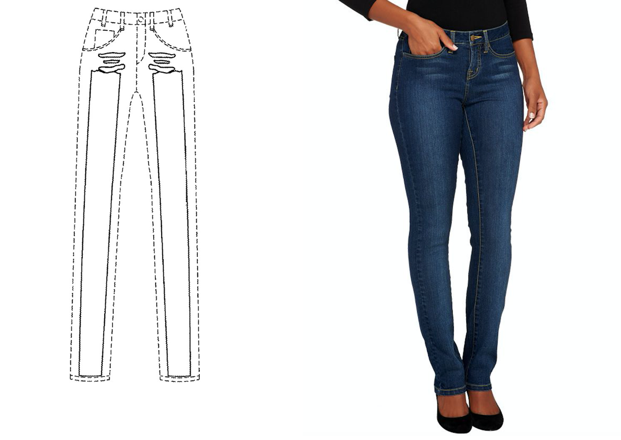  image: Skinny Brand Jeans patent drawing (left) & its jeans (right) 