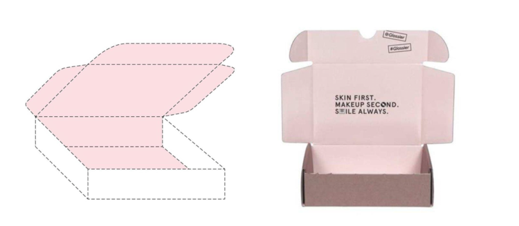 Glossier’s pink box trademark drawing (left) & specimen (right)