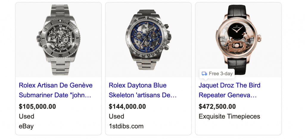 E-commerce listings for watches