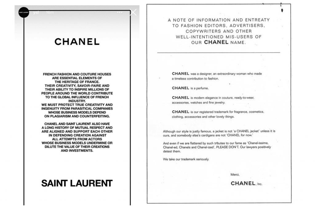 Chanel, Saint Laurent Partner on Message About Plagiarism, Counterfeiting  - The Fashion Law