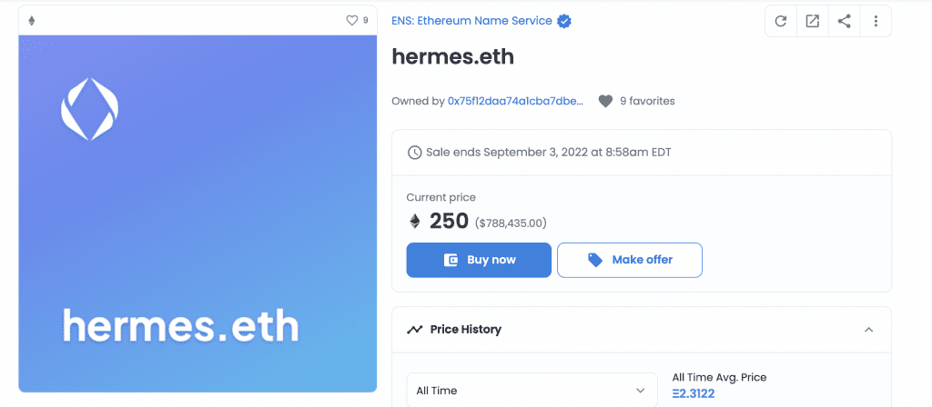 A listing for Hermes.eth on OpenSea