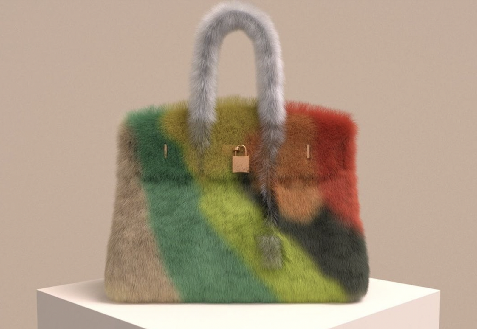 An image of a furry handbag tied to a MetaBirkin NFT