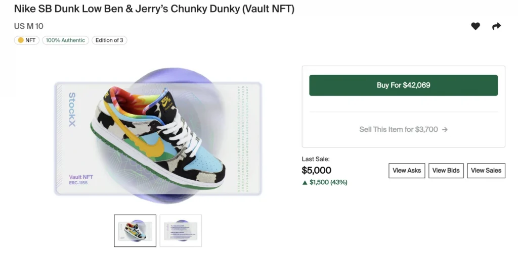 A listing for a StockX Vault NFT feating a Nike sneaker
