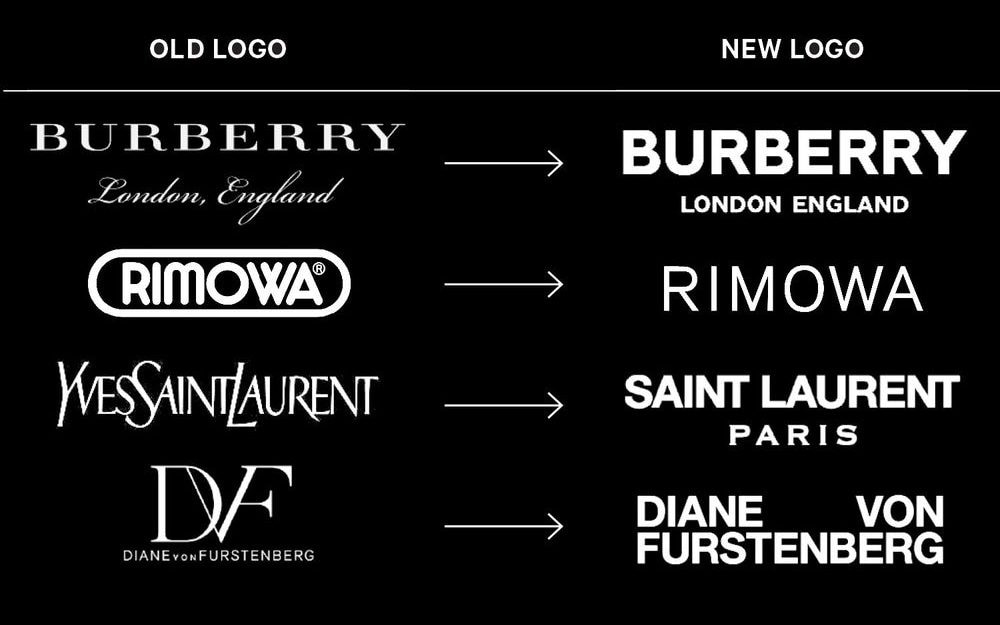 A chart of logos before and after their blanding makeover