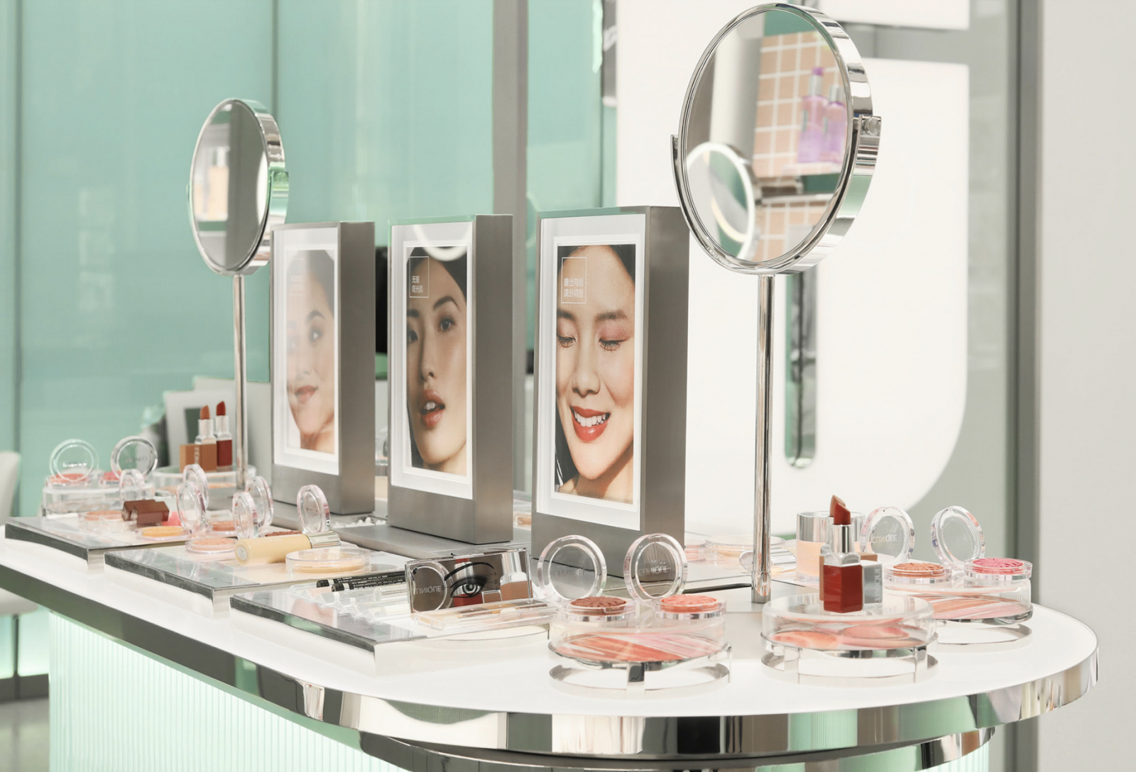 A beauty counter at a retail store