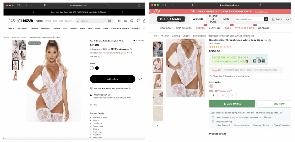 A product listing from Fashion Nova and a product listing from Blush Mark
