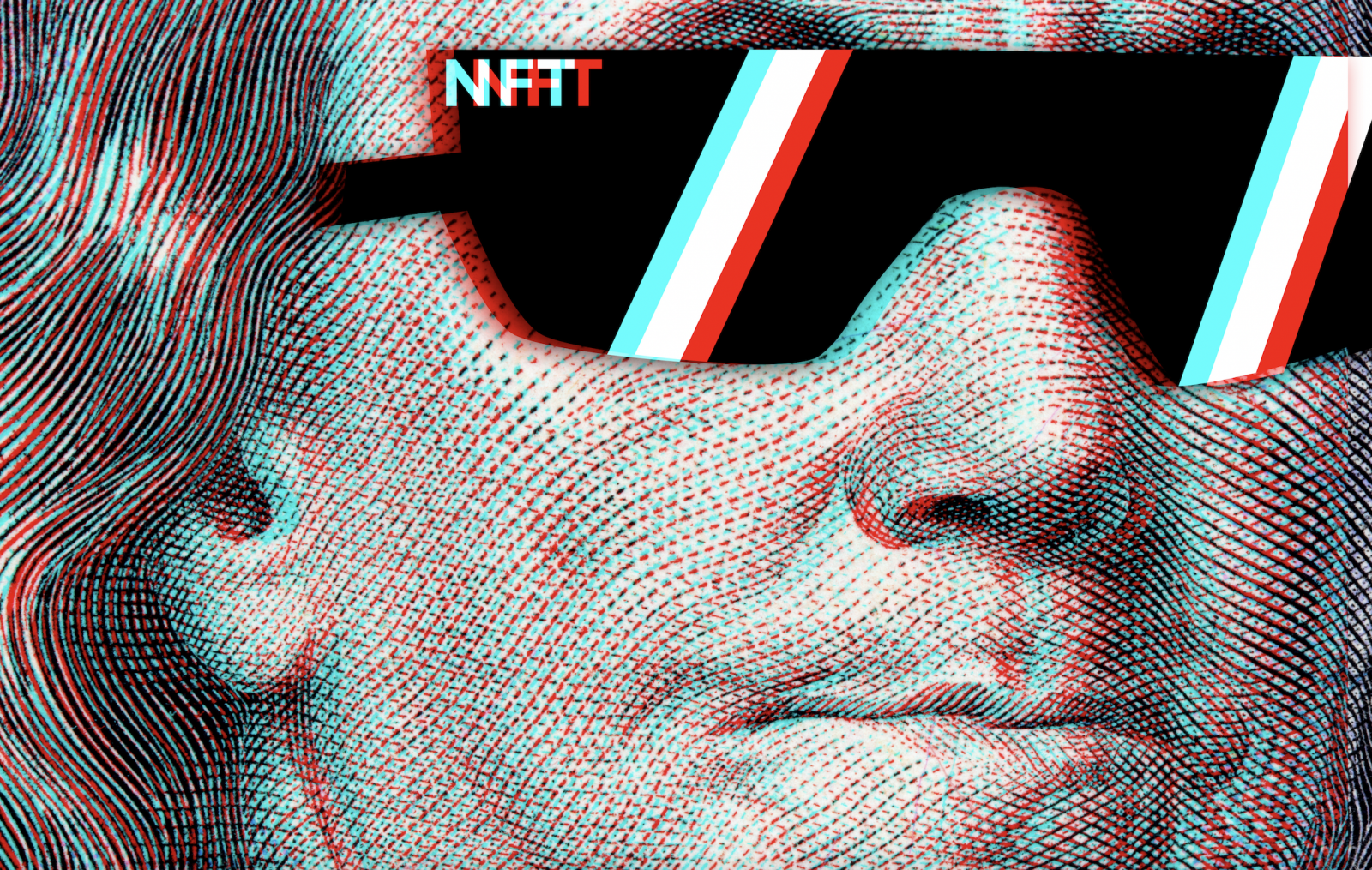 Benjamin Franklin wearing sunglasses that say NFT