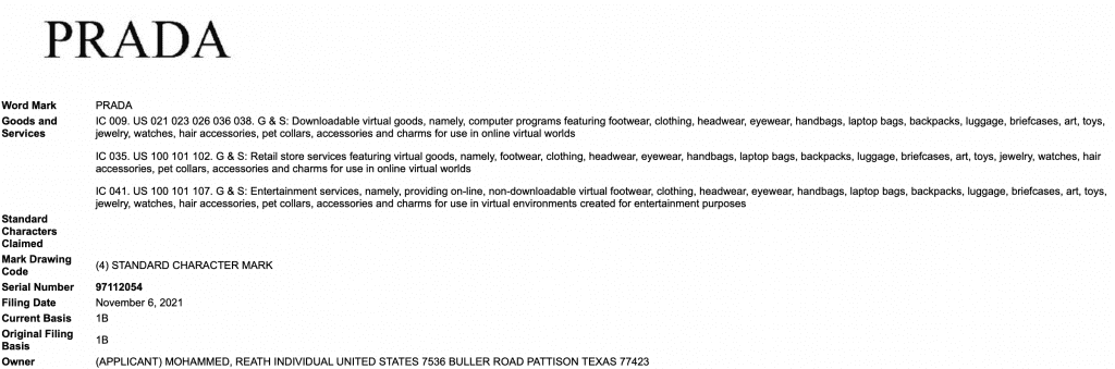 Prada metaverse trademark application