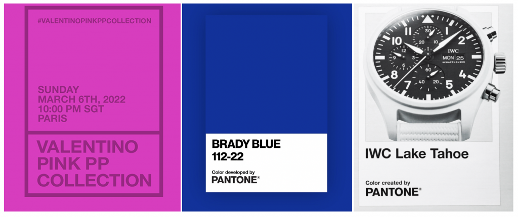 Color swatches from Valentino, Tom Brady, and IWC