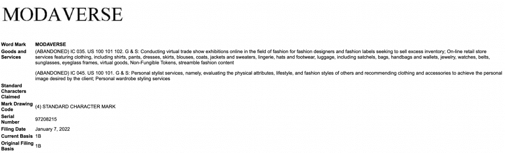 An excerpt from Moda Operandi's trademark application