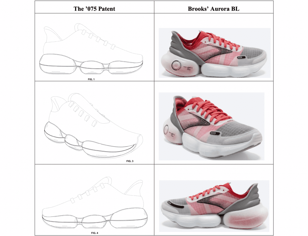 A side-by-side of Puma's D075 patent and Brooks' Aurora sneaker