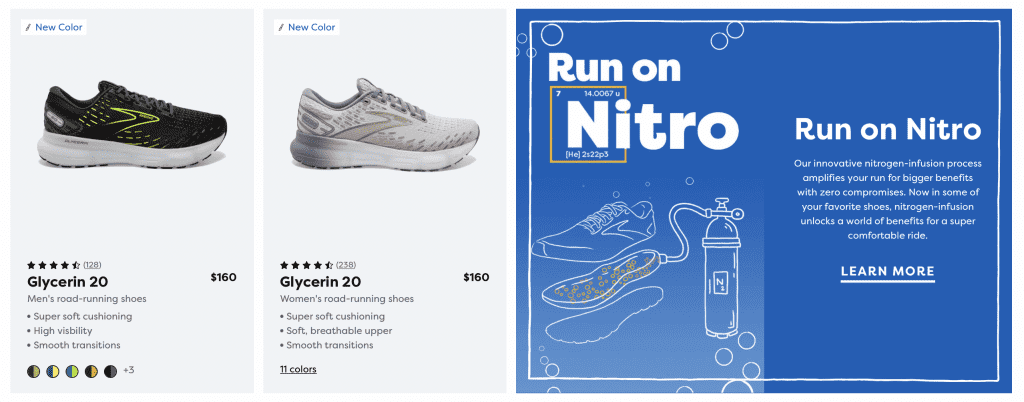 Two pairs of Brooks running shoes alongside a "Run on Nitro" deescriptor