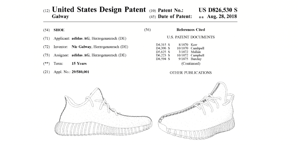 A design patent for a Yeezy sneaker design