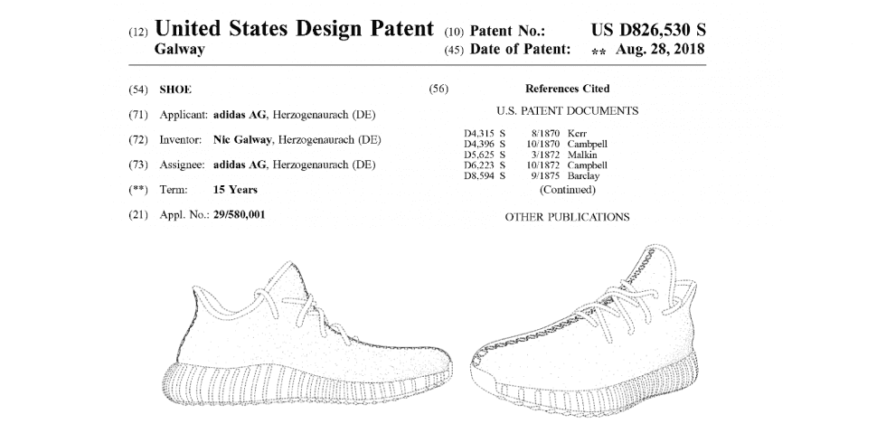 adidas design patent for Yeezy sneaker