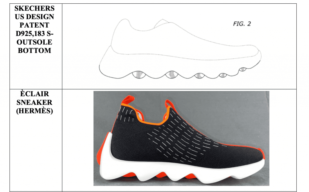 A side-by-side of Skechers' patent and one of Hermès' sneakers