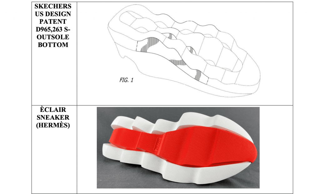 A side-by-side of Skechers' patent and one of Hermès' sneakers