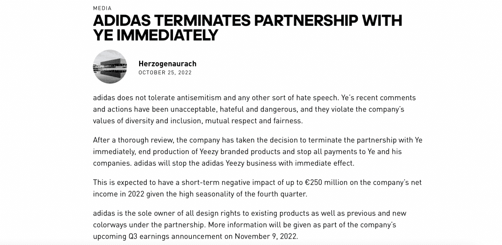 An excerpt from adidas' statement re: Yeezy