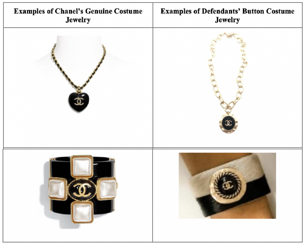 A side-by-side of Chanel's jewelry and the allegedly infringing jewelry 