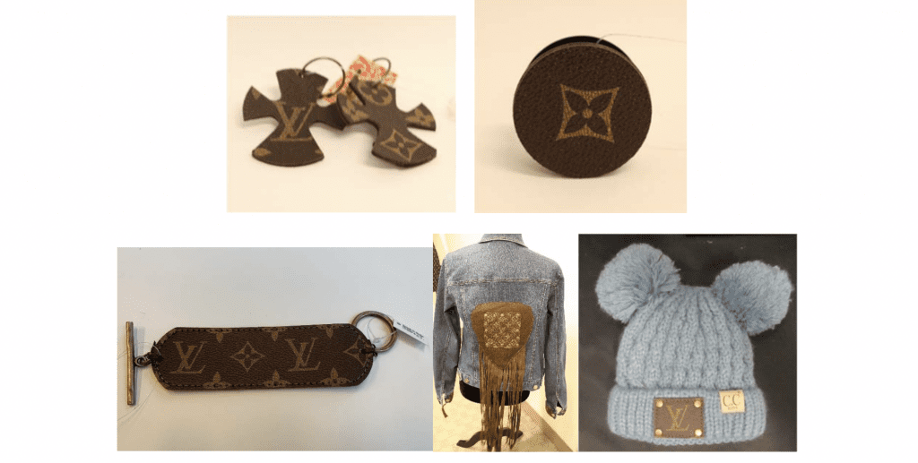 Upcycled accessories bearing Louis Vuitton trademarks