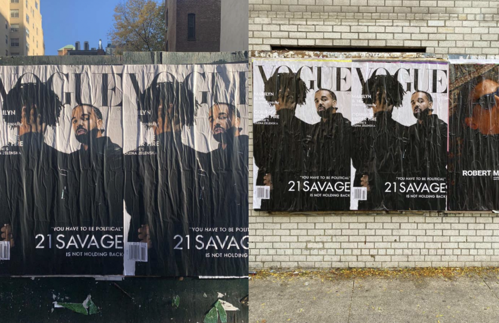 Ads of the "counterfeit" Vogue cover featuring Drake, 21 Savage