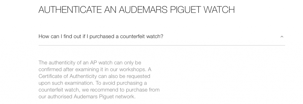 Authenticity information from Audemars Piguet