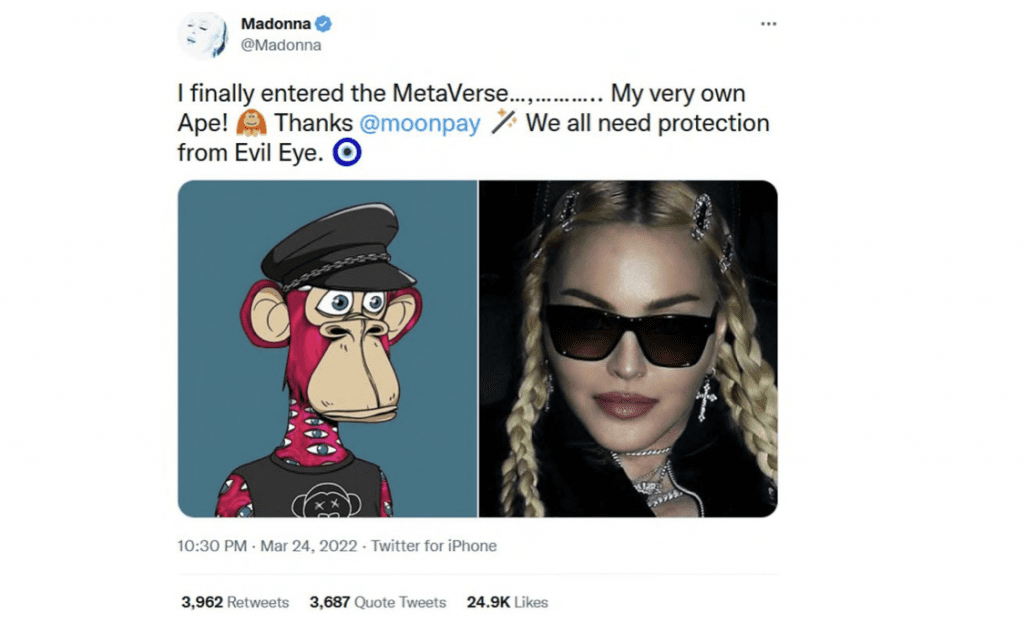 Twitter post from Madonna promoting BAYC, MoonPay