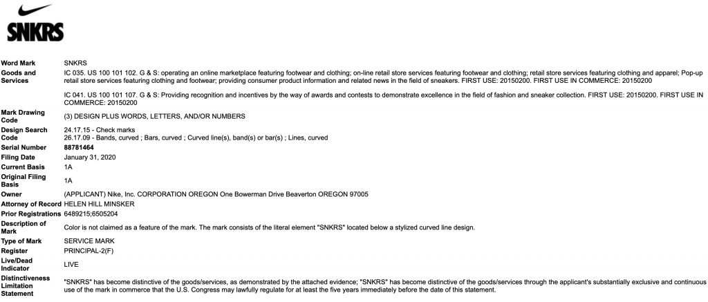 One of Nike's SNKRS trademark applications