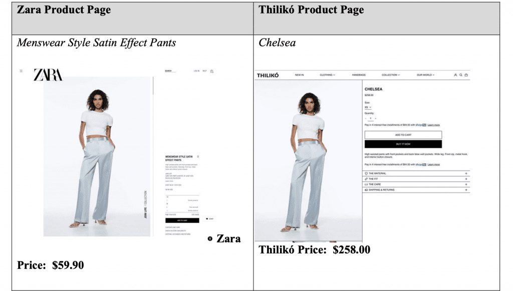 Zara pants passed off as Thilikó brand pants