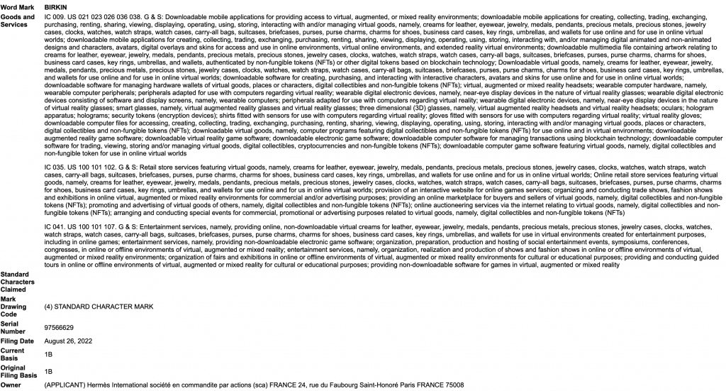 Birkin trademark application