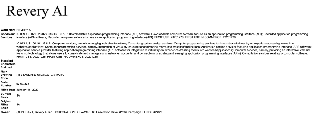 Revery AI trademark application