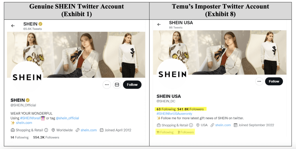 Shein and Temu Twitter accounts