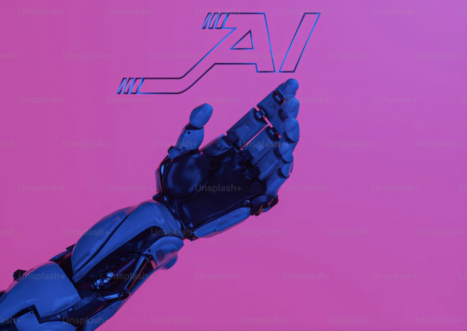 The letters AI and a robot hand
