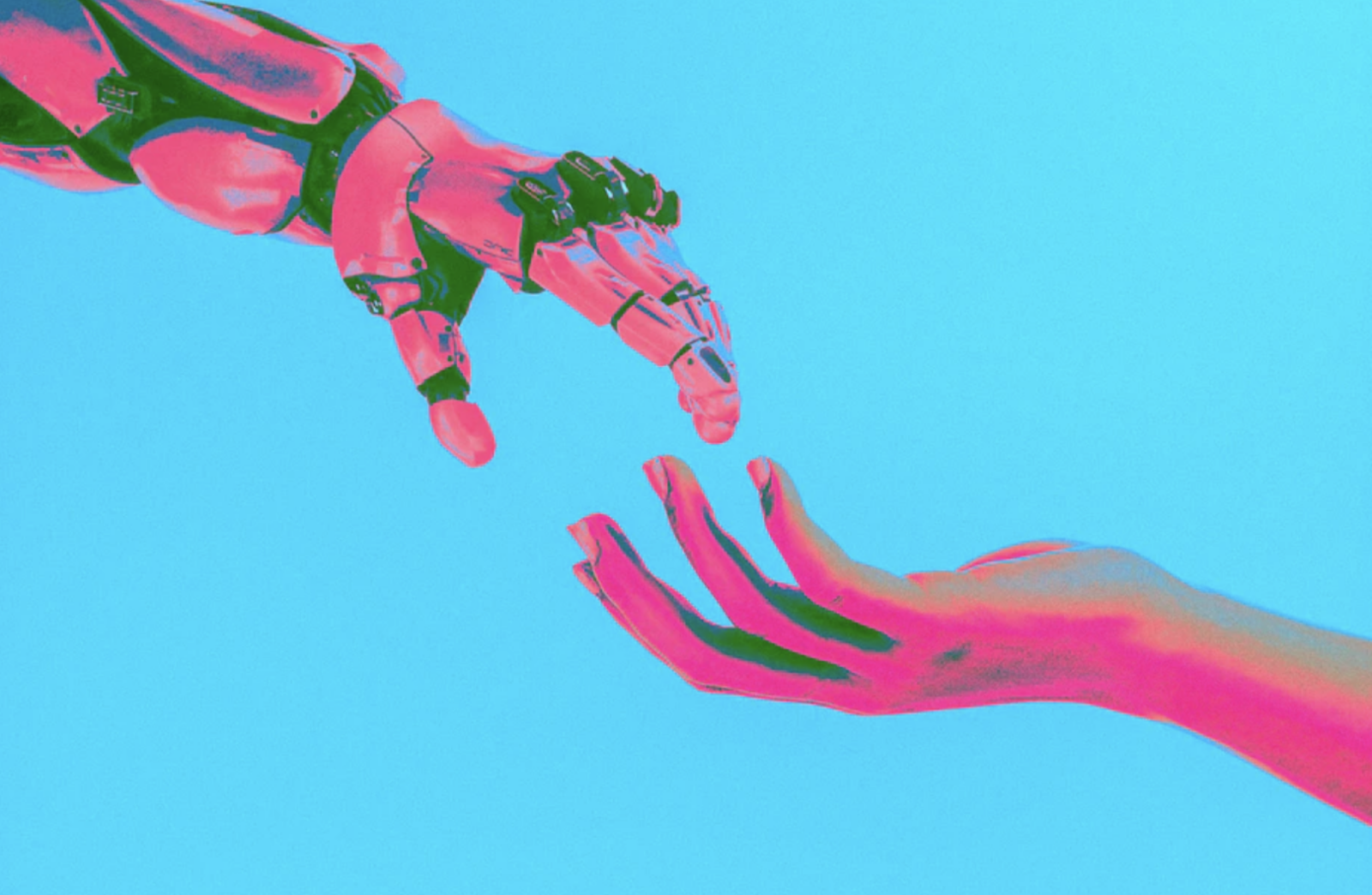 A robot hand reaching for a human hand