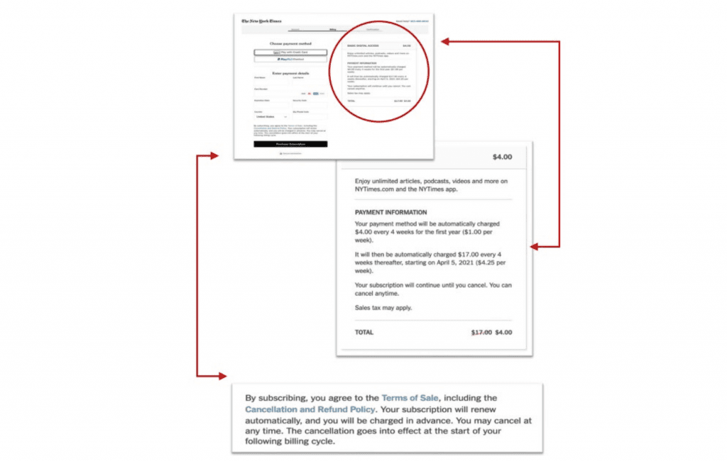 Sections of the New York Times checkout page