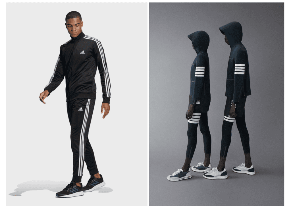 Models wearing striped garments from adidas and Thom Browne