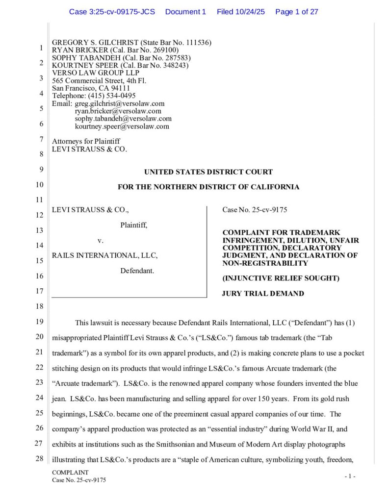 Levi Strauss & Co. v. Rails International, LLC – Complaint